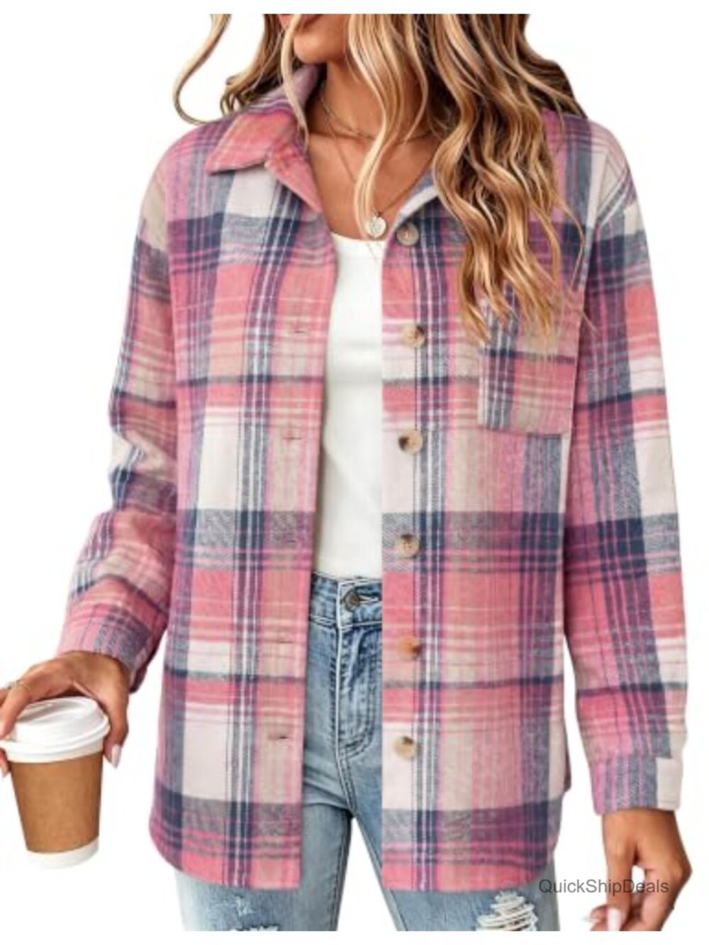Women's Plaid Flannel Shacket Button Down Long Sleeve Casual Jacket Cotton Blend